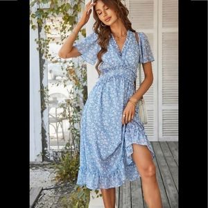 Blue and White Ditsy Floral Frill Trim V Neck Butterfly Sleeve Ruffle Hem Dress